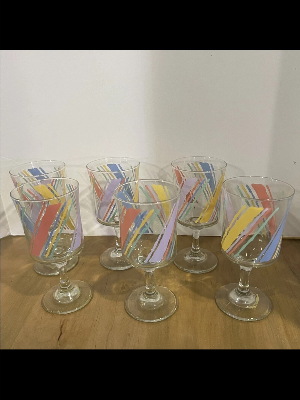 80’s Rainbow pastel Color diagonal stripe Wine dessert glass Barware 6 Vintage